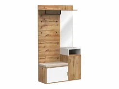 Hauss Spole Guardarropa blanco y madera con espejo, 2 puertas, banco y 4 colgadores 105x40x190,5cm