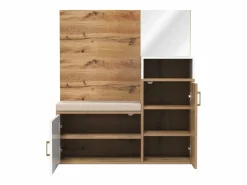 Hauss Spole Guardarropa blanco y madera con espejo, 2 puertas, banco y 4 colgadores 105x40x190,5cm