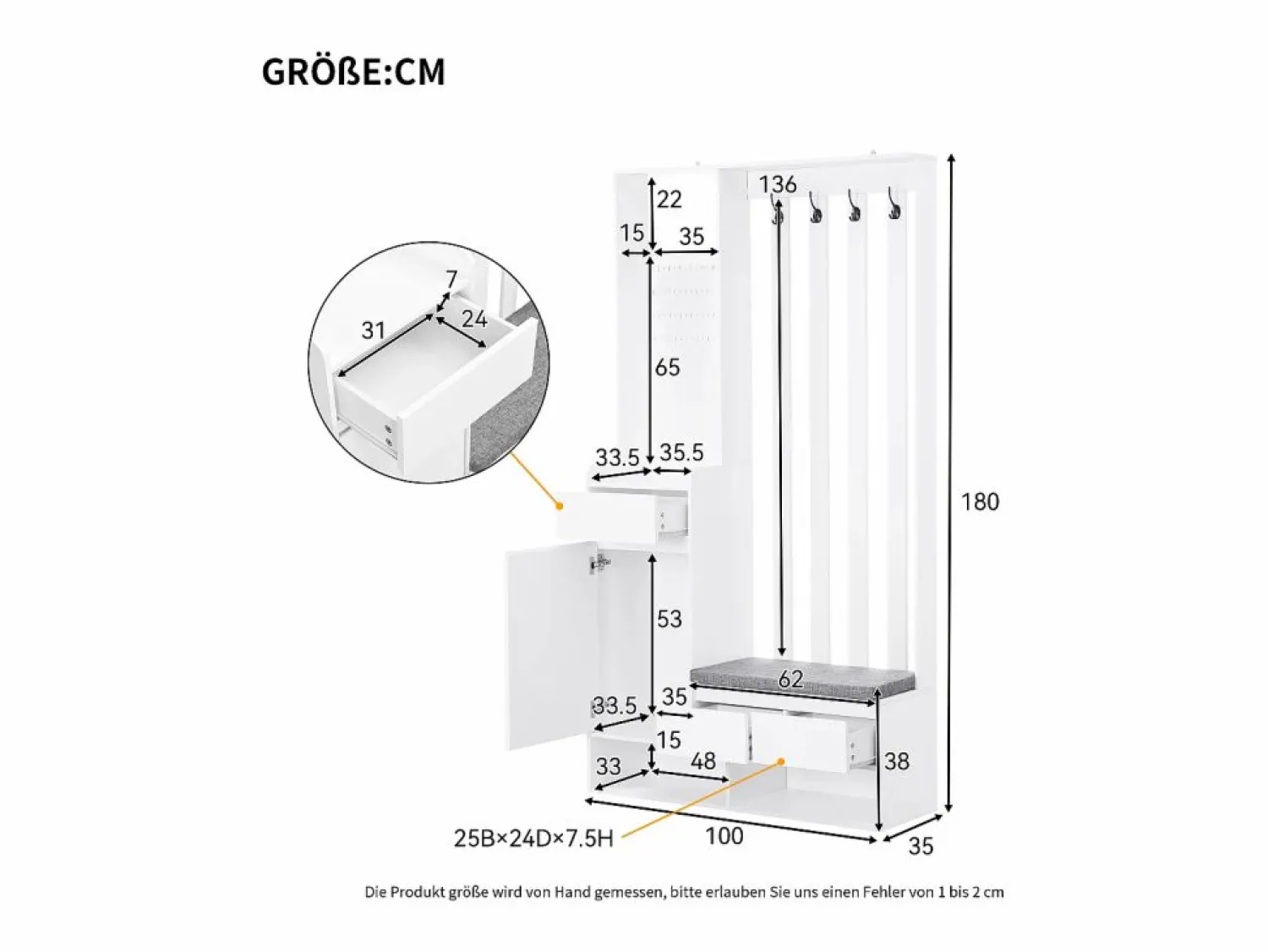 Clearance Guardarropa con 3 cajones, 1 puerta y zapatero - 100 x 35 x 180 cm - MDF - Armario De Entrada