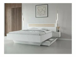 Meublorama Habitación completa FLORENCIA – Cama 160x200 + somier + cajones + armario + cómoda – y roble Blanco