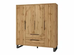 Clearance Habitación completa industrial MILOS: Armario, cama con almacenamiento 180x200, cómoda, mesitas de noche, roble crudo/negro Dormitorio Completo