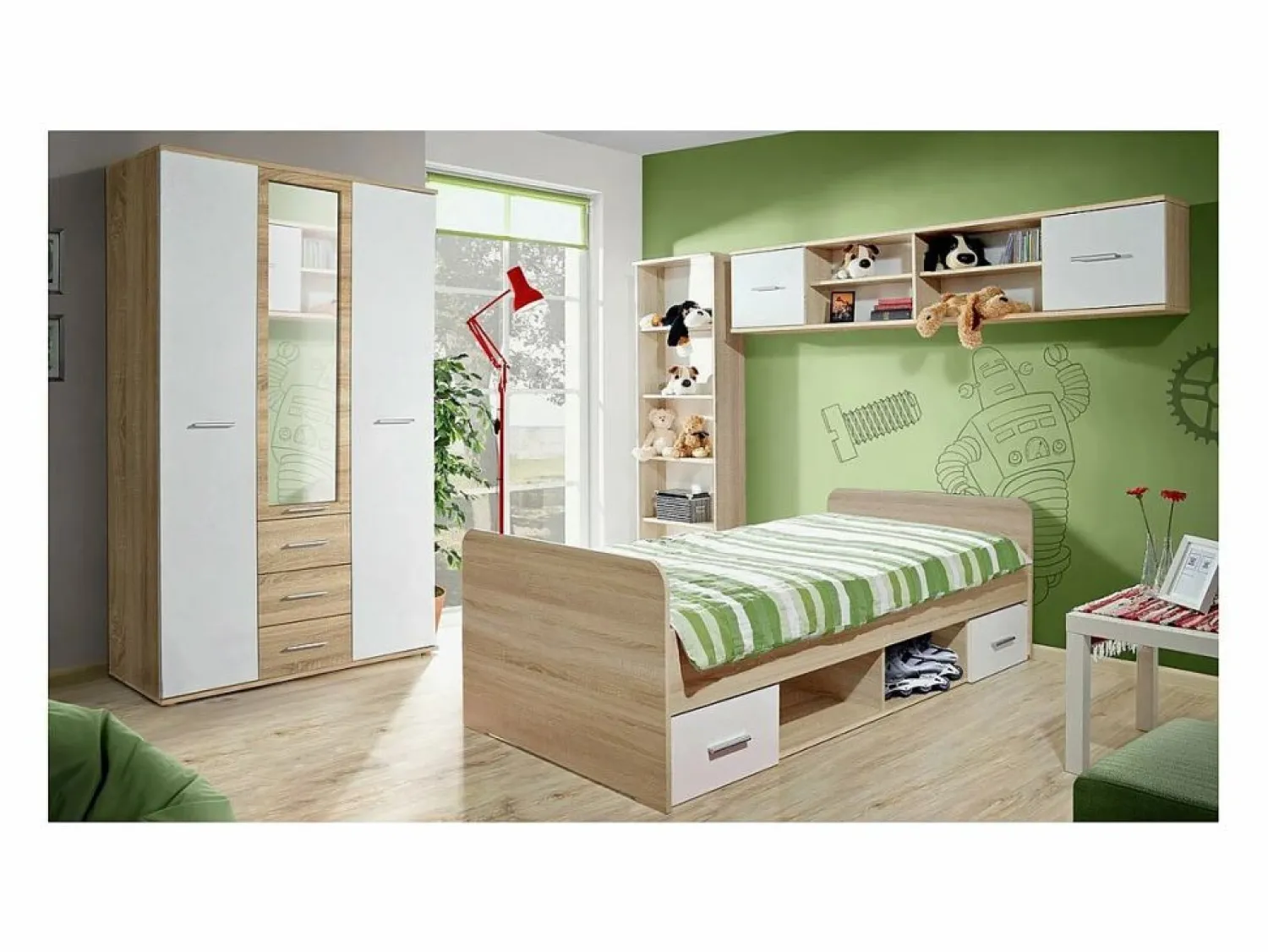 New Meublorama Habitación completa para niños y adolescentes, colección DENVER. Armario de 3 puertas, cama, biblioteca y estantería. Marru00f3n