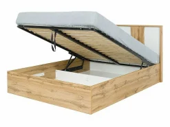 Meublorama Habitación WOOD en colores roble y blanco con cama con LED y compartimento de almacenamiento, cómoda, mesitas de noche y armario.