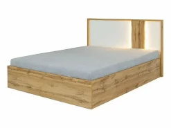 Meublorama Habitación WOOD en colores roble y blanco con cama con LED y compartimento de almacenamiento, cómoda, mesitas de noche y armario.