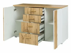 Meublorama Habitación WOOD en colores roble y blanco con cama con LED y compartimento de almacenamiento, cómoda, mesitas de noche y armario.