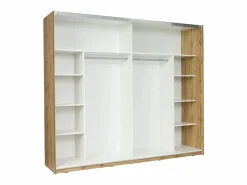 Sale Meublorama Habitación WOOD en colores roble y blanco con cama de 160x200 LED, cómoda, mesitas de noche y armario. Marru00f3n