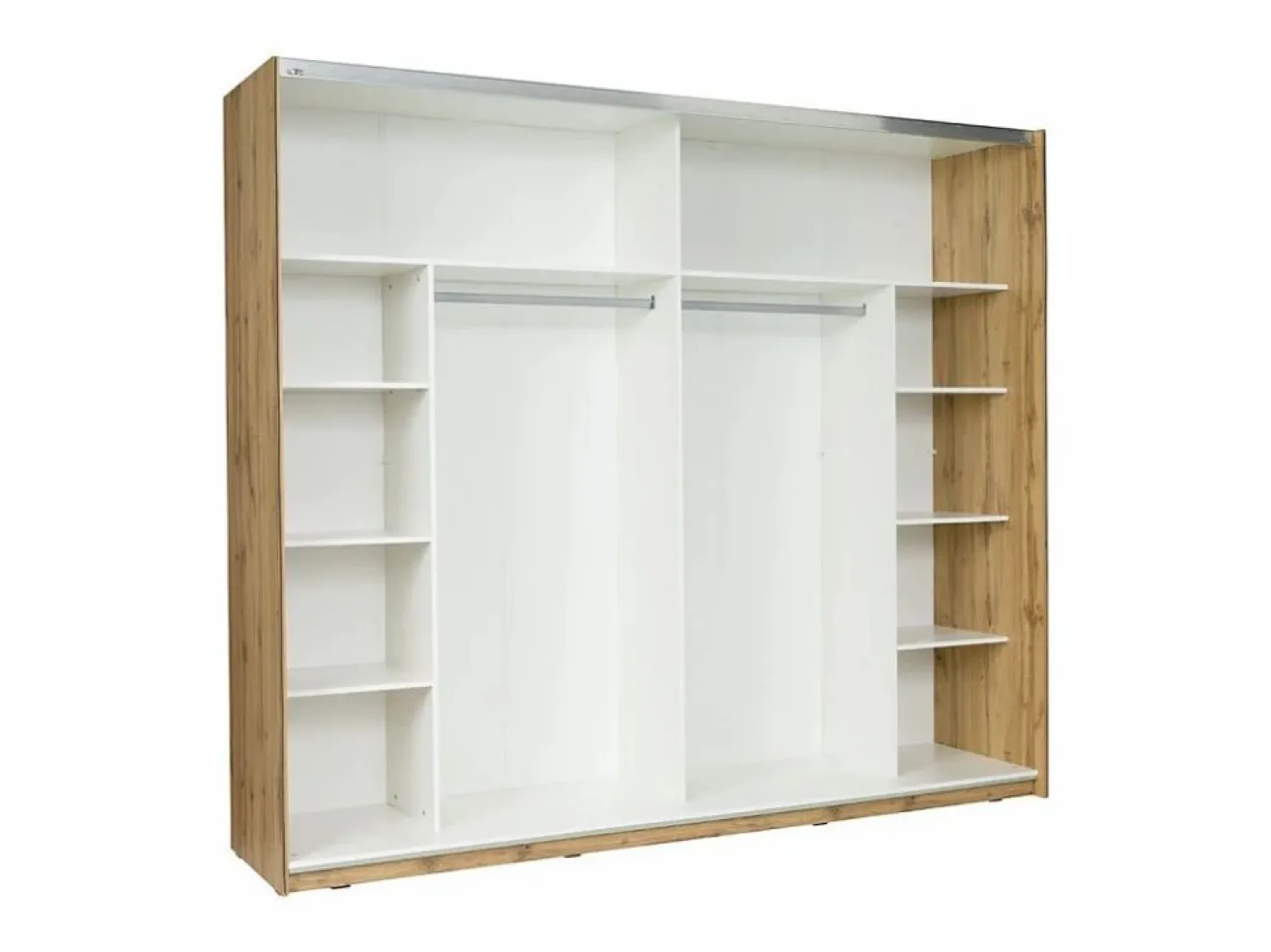 Sale Meublorama Habitación WOOD en colores roble y blanco con cama de 160x200 LED, cómoda, mesitas de noche y armario. Marru00f3n