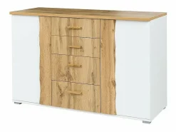Sale Meublorama Habitación WOOD en colores roble y blanco con cama de 160x200 LED, cómoda, mesitas de noche y armario. Marru00f3n