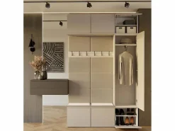 Outlet TOPESHOP HAGA - Conjunto de entrada con 1 armario + 2 percheros de 6 ganchos + banco 150x35x238 cm - cachemira Beige
