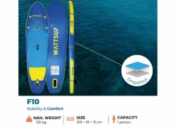 New WATTSUP Hinchable Sup F10 10' - 305x81x15cm Dropstitch - Pack Paddle Leash Pump Carry Bag Azul