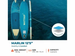 WATTSUP Hinchable Sup MARLIN 12'5 - 378x86x15cm Dropstitch - Pack Paddle Leash Pump Carry Bag Azul
