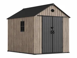 Clearance Hoggar – Caseta de Resina Jardín 6,41m2 Oak O60 - Suelo – Ventana – Efecto Madera Premium - Doble Puerta Amplia – Protección UV e Impermeable – Cierre con Pasador Negro