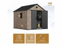 Clearance Hoggar – Caseta de Resina Jardín 6,41m2 Oak O60 - Suelo – Ventana – Efecto Madera Premium - Doble Puerta Amplia – Protección UV e Impermeable – Cierre con Pasador Negro