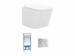 Discount Vente-unique Inodoro flotante con marco de soporte y placa de descarga cromada, CLEMONA Blanco