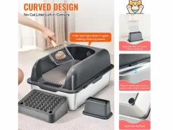 Inodoro para Gatos SucceBuy, Caja de Arena de Acero Inoxidable de 15.24 cm de Profundidad con Filtro y Escalón Gris