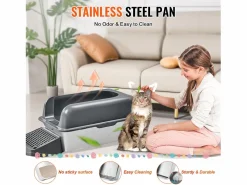 Inodoro para Gatos SucceBuy, Caja de Arena de Acero Inoxidable de 15.24 cm de Profundidad con Filtro y Escalón Gris