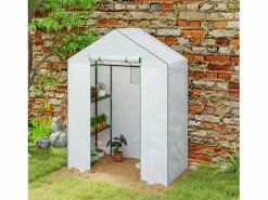 Invernadero de jardín con puerta enrollable, ventanas, estantes, plástico reforzado, (143x74x190cm)