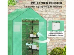 Best Invernadero de jardín con puerta enrollable, ventanas y estantes, invernadero de invierno de plástico, estructura de metal, para balcón y jardín (143x74x190 cm) Verde