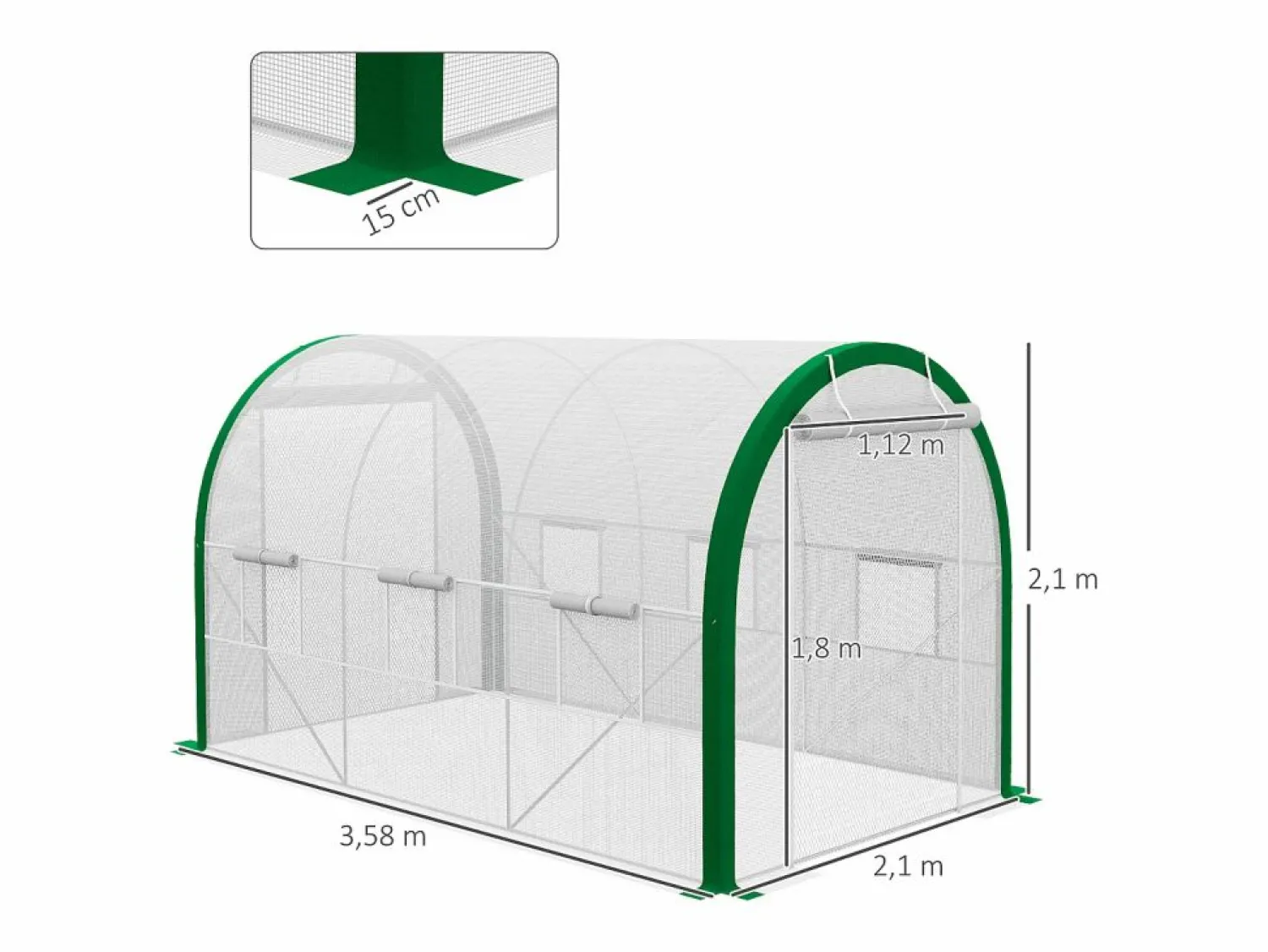 New Invernadero de túnel con puerta enrollable, protección UV, acero galvanizado, (358x210x210 cm) Blanco