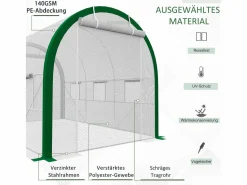 New Invernadero de túnel con puerta enrollable, protección UV, acero galvanizado, (358x210x210 cm) Blanco