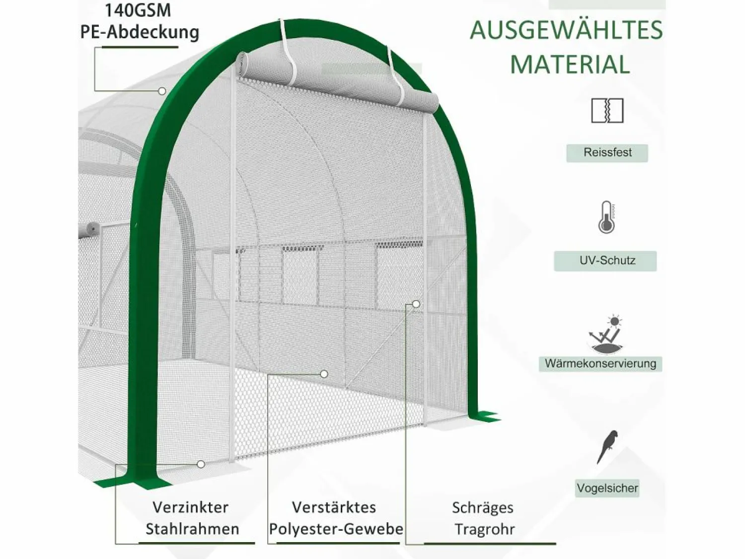 New Invernadero de túnel con puerta enrollable, protección UV, acero galvanizado, (358x210x210 cm) Blanco