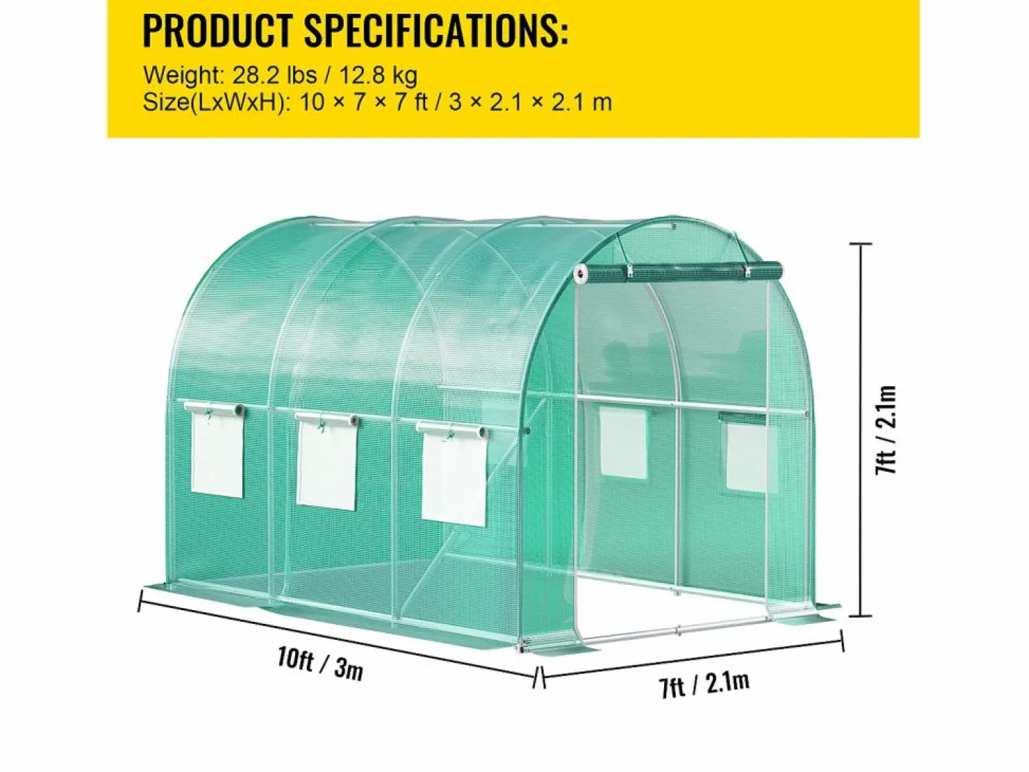 Outlet Invernadero Tipo Túnel SucceBuy 304,8 x 213,36 x 213,36 cm, Estructura Galvanizada, Cubierta Impermeable Verde
