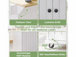 Hot Isla central con encimera abatible - 137 x 45/70 x 89,5 cm - con 2 cajones + 3 puertas - MDF - Isla Cocina