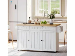 Hot Isla central con encimera abatible - 137 x 45/70 x 89,5 cm - con 2 cajones + 3 puertas - MDF - Isla Cocina