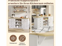 Best Isla central con panel abatible extensible - 150 x 65 x 75 cm - con 5 cajones + 1 puerta - MDF - Isla Cocina