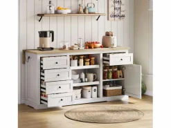 Best Isla central con panel abatible extensible - 150 x 65 x 75 cm - con 5 cajones + 1 puerta - MDF - Isla Cocina