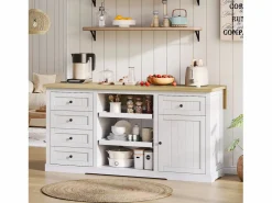 Best Isla central con panel abatible extensible - 150 x 65 x 75 cm - con 5 cajones + 1 puerta - MDF - Isla Cocina