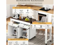 Discount Isla central con ruedas - extensible con encimera + 2 cajones - MDF - blanco + marrón Isla Cocina