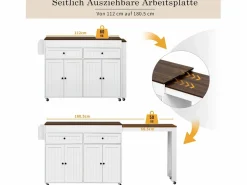 Discount Isla central con ruedas - extensible con encimera + 2 cajones - MDF - blanco + marrón Isla Cocina