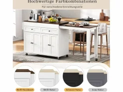 Discount Isla central con ruedas - extensible con encimera + 2 cajones - MDF - blanco + marrón Isla Cocina