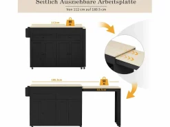 Merax Isla central con ruedas - Isla de cocina extensible con encimera + 2 cajones - MDF -