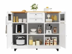 Discount Merax Isla central con ruedas - 140 x 40 x 93,5 cm - con encimera + 2 puertas + 2 cajones - MDF - Blanco
