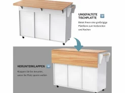 Sale Merax Isla central con ruedas - 129 x 46/71 x 91,5 cm - tapa abatible - con 3 puertas + 2 cajones - MDF - Blanco