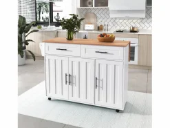 Sale Merax Isla central con ruedas - 129 x 46/71 x 91,5 cm - tapa abatible - con 3 puertas + 2 cajones - MDF - Blanco