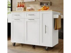 Clearance ModernLuxe Isla central de cocina - carrito con ruedas y plancha retráctil - 2 cajones y 2 puertas - Blanco