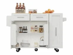 Clearance ModernLuxe Isla central de cocina - carrito con ruedas y plancha retráctil - 2 cajones y 2 puertas - Blanco