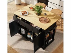 Discount ModernLuxe Isla central de cocina - carrito con ruedas y tomas - con plancha extensible - 2 puertas 2 cajones y 2 compartimentos - Negro