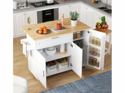 Outlet ModernLuxe Isla central de cocina - con mostrador plegable - múltiples compartimentos de almacenamiento - Blanco