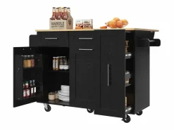 Hot ModernLuxe Isla central de cocina - carrito con ruedas y plancha retráctil - 2 cajones y 2 puertas - Negro