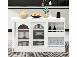 Online Isla central de cocina - con tabla pivotante deslizante - con puertas de vidrio y espacio de almacenamiento - MDF - Isla Cocina
