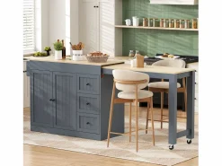 ModernLuxe Isla central de cocina - mesa de comedor extensible - con 1 puerto USB y 1 puerto Type-C - con estante de especias y ruedas - Natural +