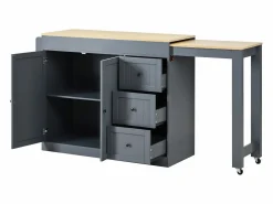 ModernLuxe Isla central de cocina - mesa de comedor extensible - con 1 puerto USB y 1 puerto Type-C - con estante de especias y ruedas - Natural +