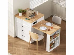 ModernLuxe Isla central de cocina - mesa de comedor extensible - con iluminación LED - con toma de corriente - con ruedas y espacio de almacenamiento - Natural +