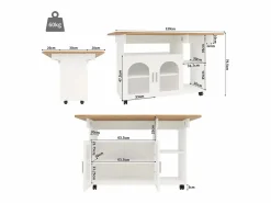 Hot Isla Central de cocina 2 puertas y 3 estantes, con ruedas giratorias, mesa plegable, 120x30/70x79.5 cm, Isla Cocina