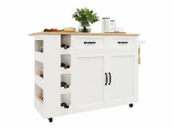 Clearance DripeX Isla central de cocina con estante para vino 2 cajones y 2 puertas - 2 enchufes - +natural - 131.5x43/76x90.7cm Blanco