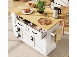 Clearance DripeX Isla central de cocina con estante para vino 2 cajones y 2 puertas - 2 enchufes - +natural - 131.5x43/76x90.7cm Blanco